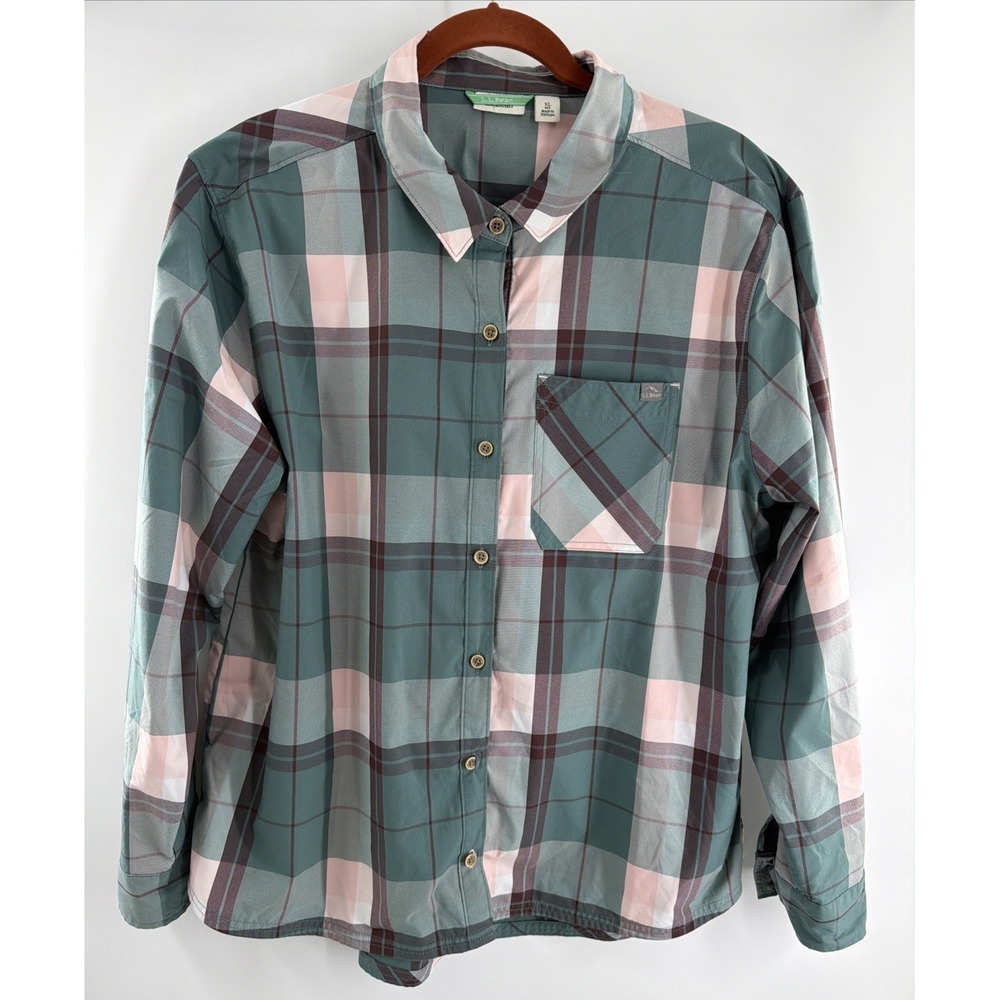 L.L. Bean Button Up Shirt Plaid Green Pink Roll Tab Outdoor Women XL Camp Hike